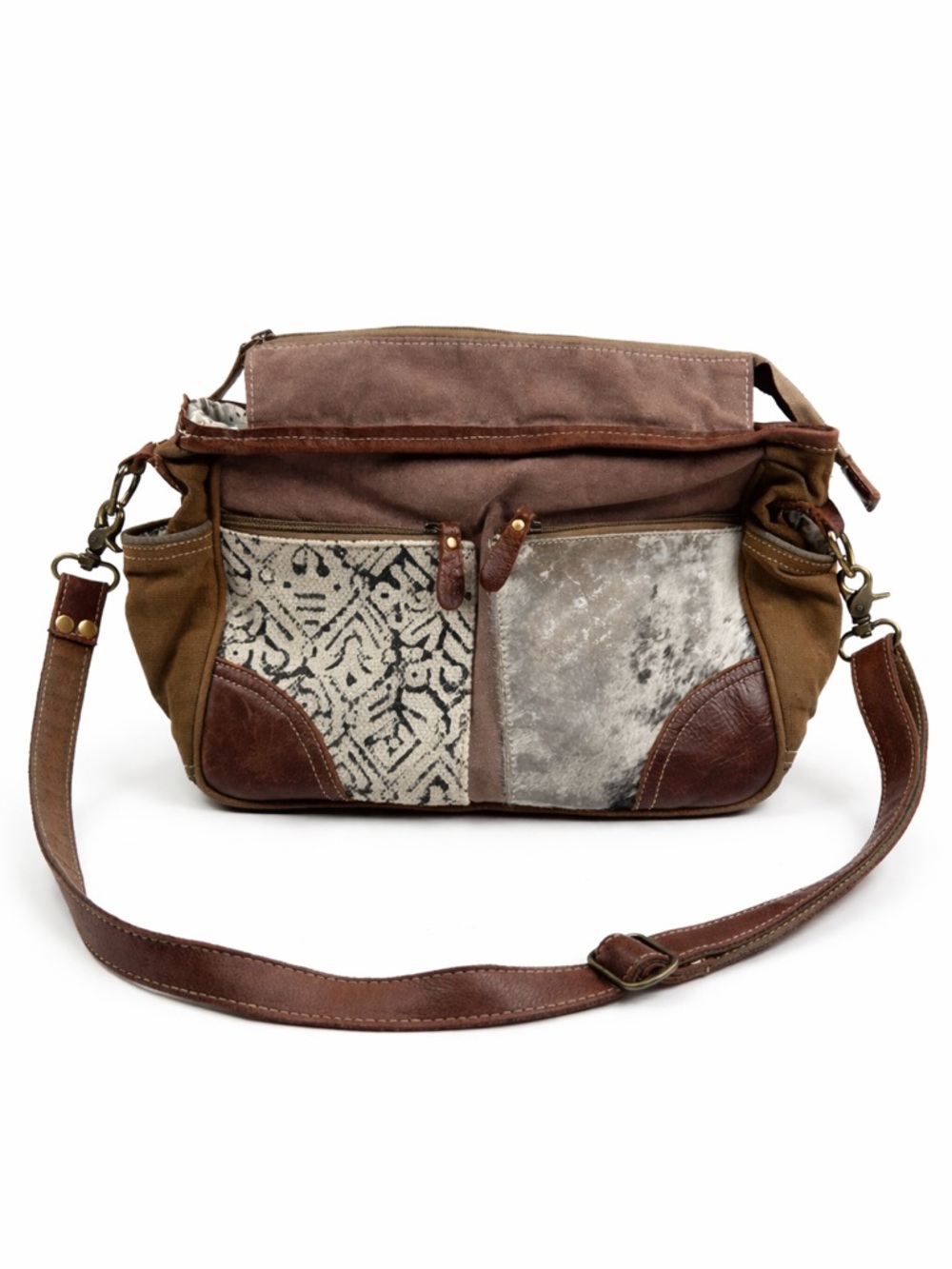 Myra Vintage Two Tone Upcycled Canvas & Cowhide Leather Messenger Crossbody Bag